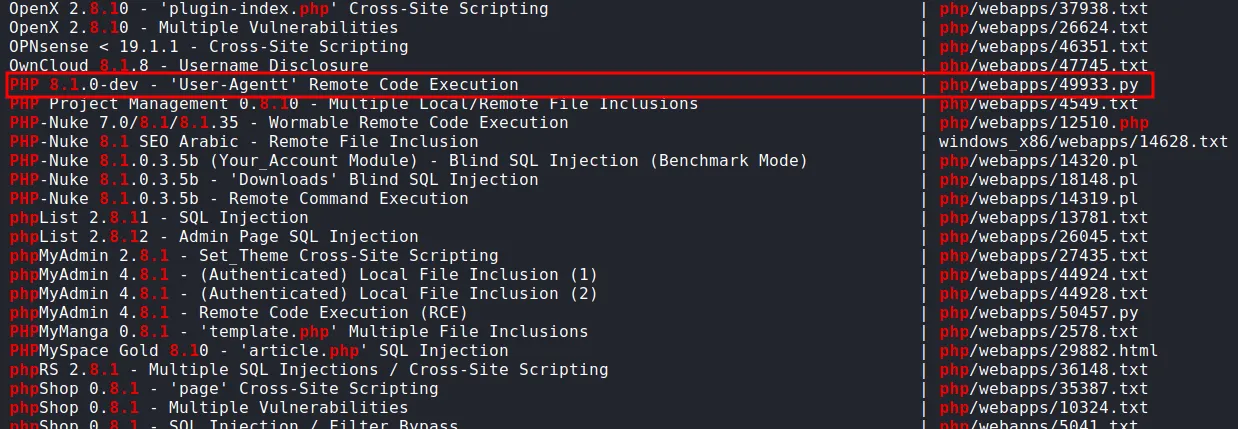 found exploit for PHP/8.1.0-dev