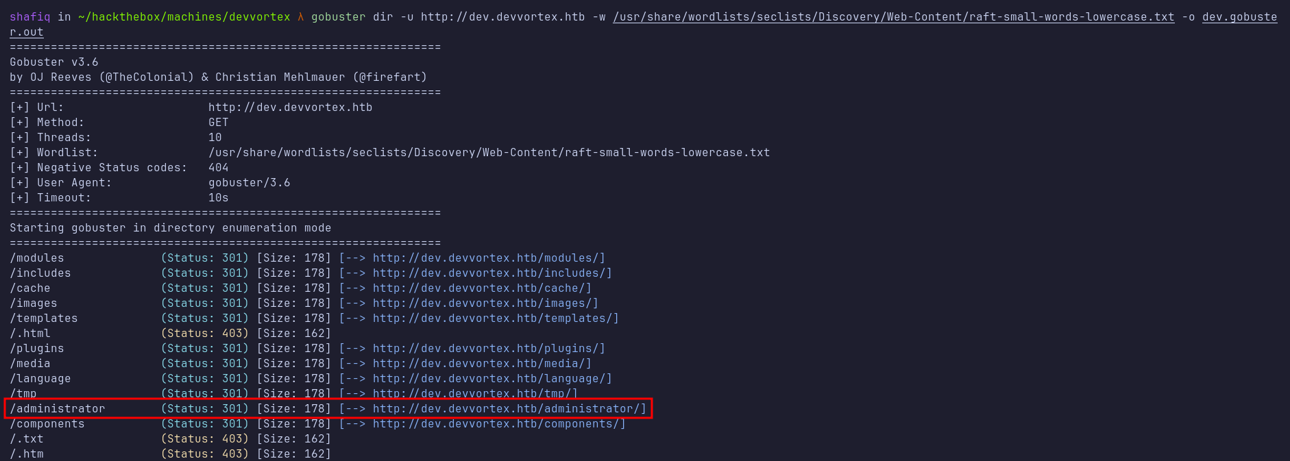 gobuster output