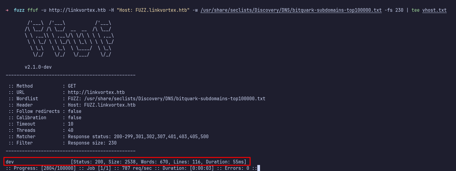 ffuf found dev vhost