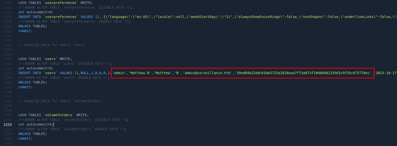 admin’s password hash inside backups